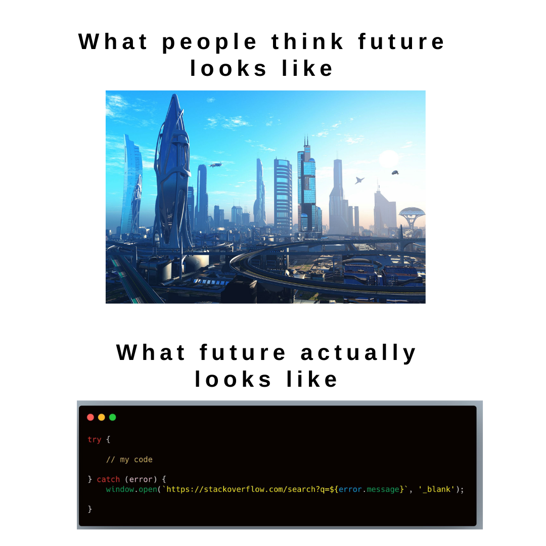 Meme of "what people think future looks like". But what the future actually looks like: try catch loop with on catch error open a window to Stackoverflow
