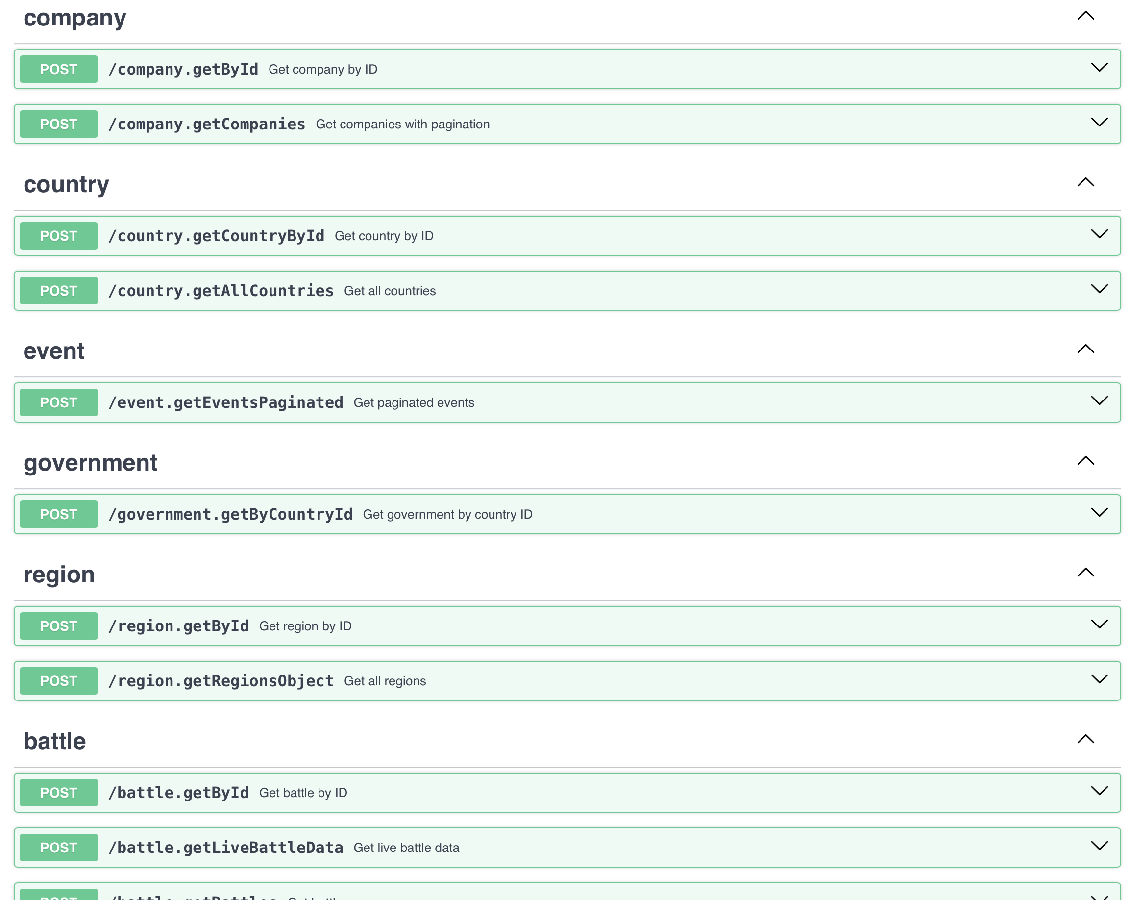 A screenshot of a part of the API endpoints offered by War Era